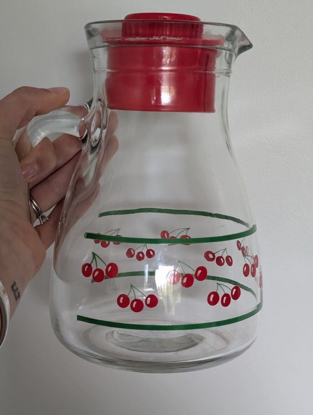 Vintage Cerve Italy Clear Glass Cherry Print Pitcher Jug with Lid